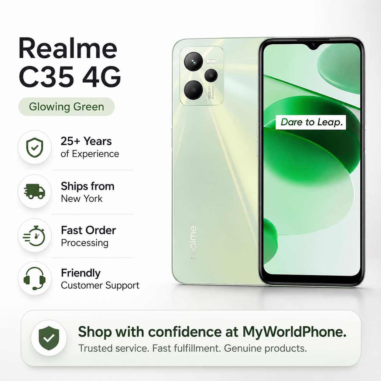 Realme GT Master Edition 5G Glowing green smartphone front and back shown with an active display