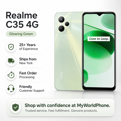 Realme GT Master Edition 5G Glowing green smartphone front and back shown with an active display