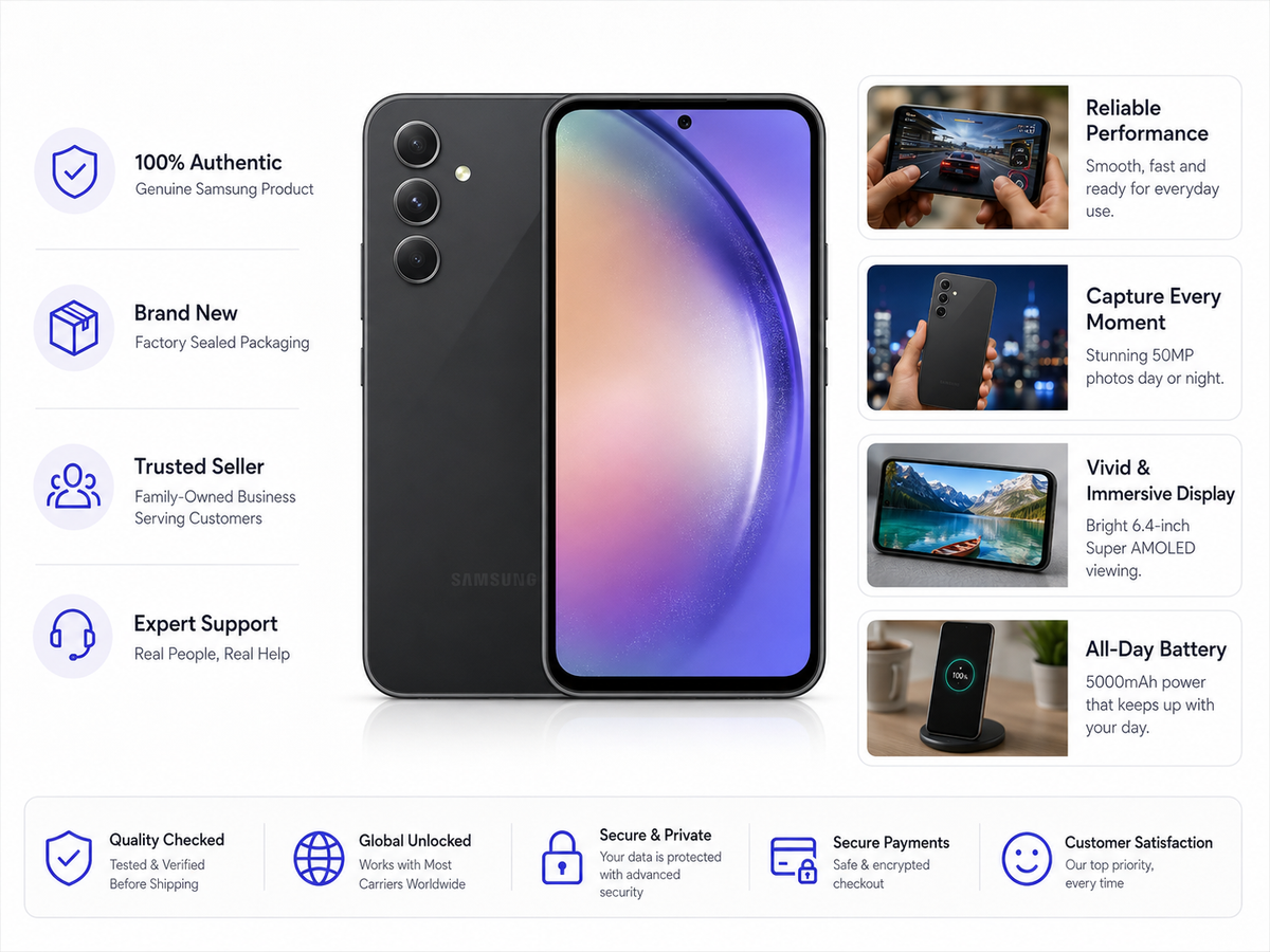 Graphite Samsung Galaxy A54 5G smartphone shown front and back with triple cameras