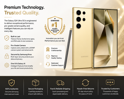 Gold Samsung Galaxy S24 Ultra smartphone with front, back, and side angle view