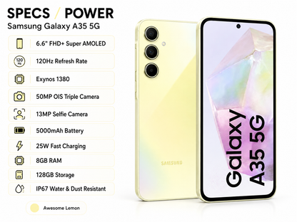 Samsung Galaxy A35 Lemon Samsung Galaxy smartphone angled front and back, triple rear camera