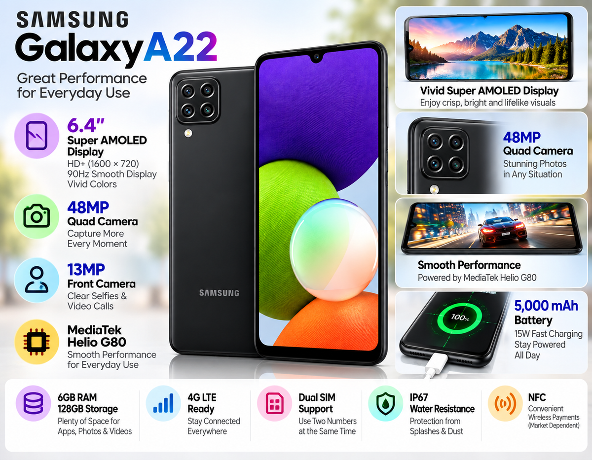 Samsung Galaxy A22 4G A225F LTE 128GB 6GB RAM Dual Sim GSM Unlocked - Black