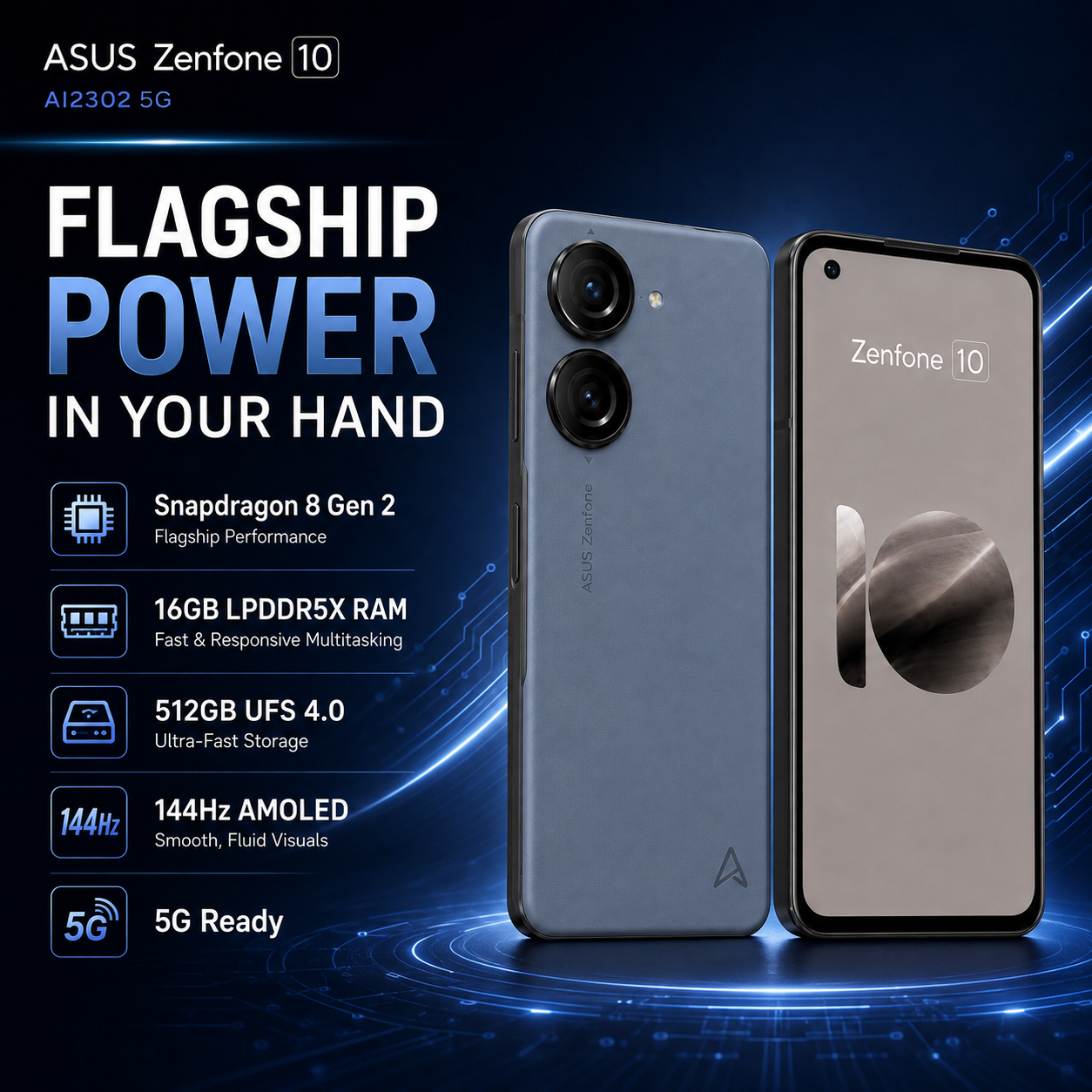 Asus Zenfone 10 AI2302 5G Blue smartphone front and back view with dual rear cameras