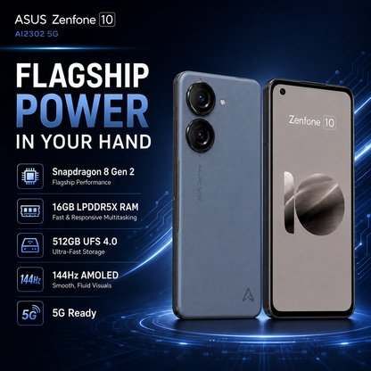 Asus Zenfone 10 AI2302 5G Blue smartphone front and back view with dual rear cameras