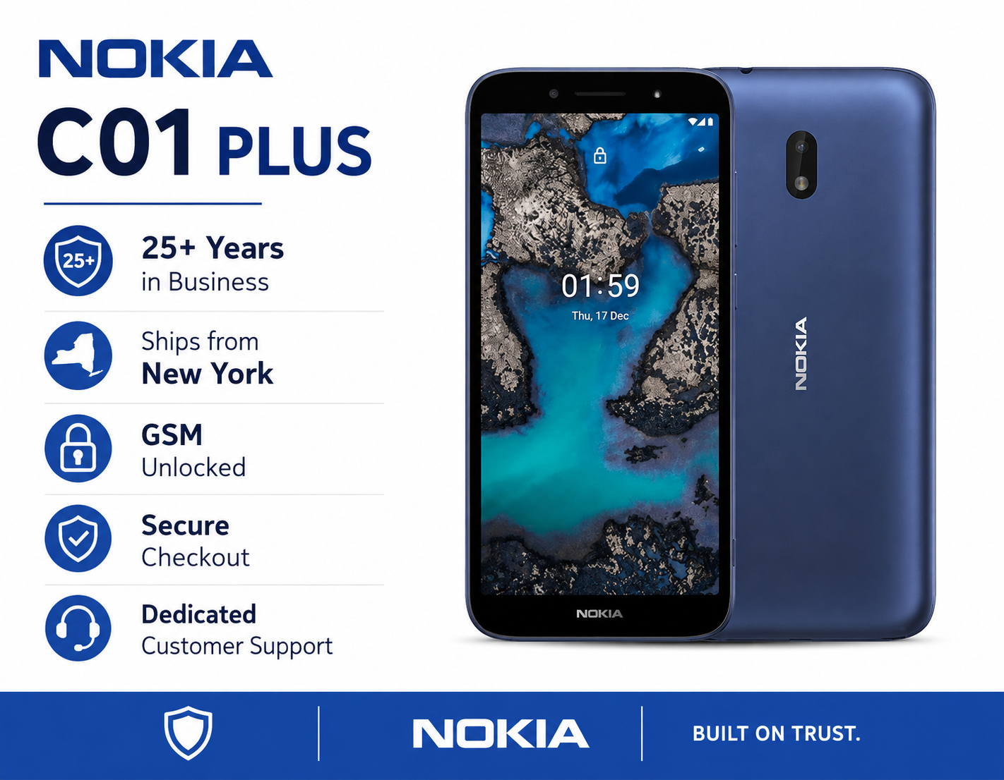 Blue Nokia C01 Plus smartphone front view with screen and rear camera