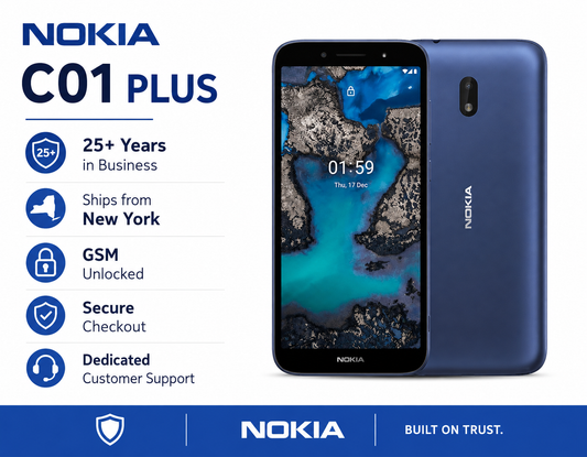 Blue Nokia C01 Plus smartphone front view with screen and rear camera