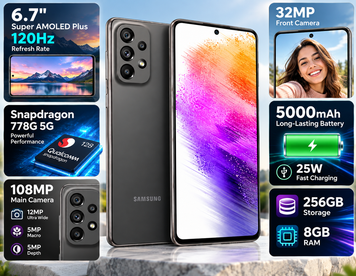 Samsung Galaxy A73 5G  Grey smartphone front and back with visible camera lenses and colorful display.