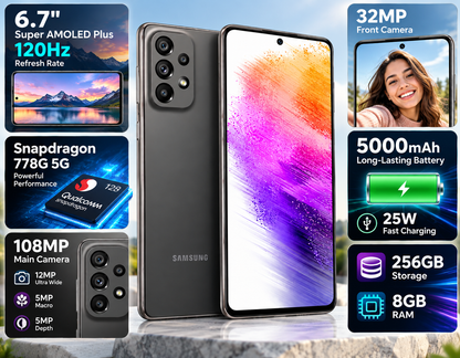 Samsung Galaxy A73 5G  Grey smartphone front and back with visible camera lenses and colorful display.
