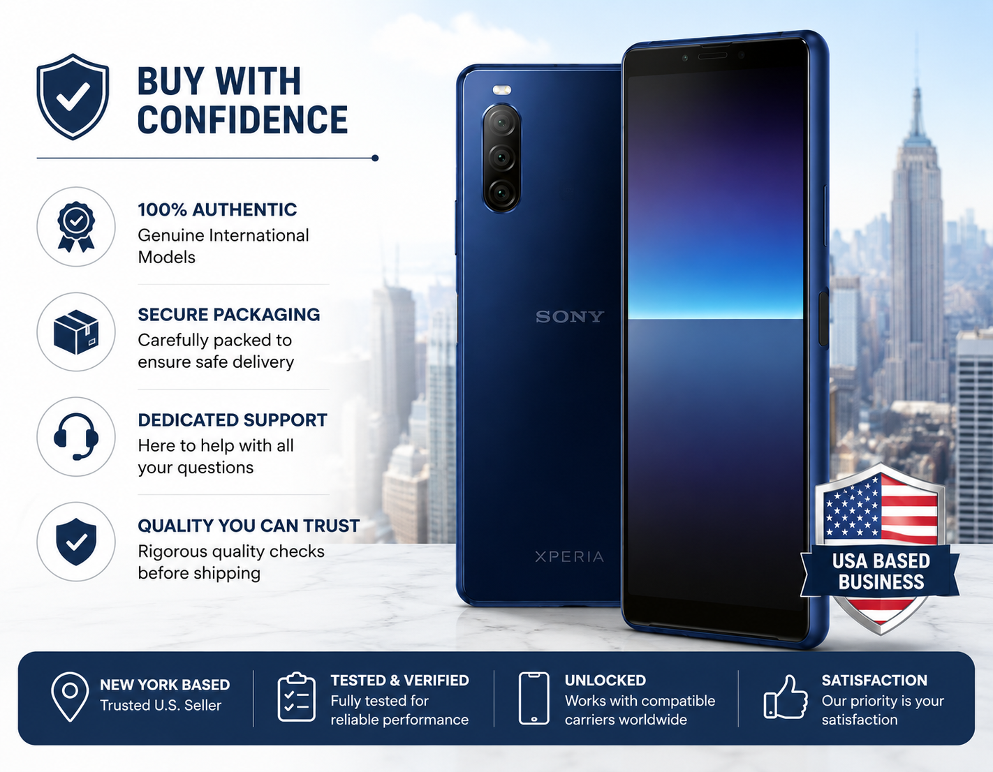 Sony Xperia 10 II XQ-AU52 Blue smartphone shown with USA-based buyer and authenticity support badges