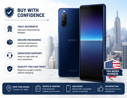 Sony Xperia 10 II XQ-AU52 Blue smartphone shown with USA-based buyer and authenticity support badges