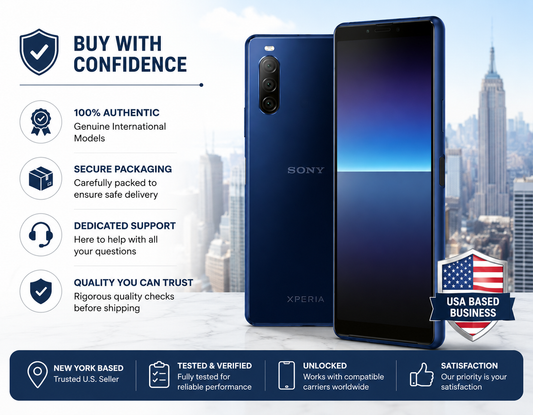 Sony Xperia 10 II XQ-AU52 Blue smartphone shown with USA-based buyer and authenticity support badges