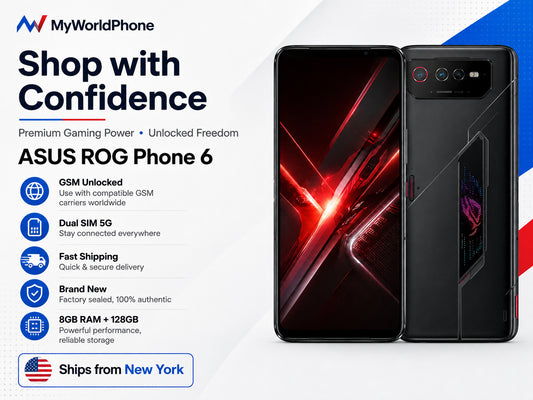 Black ASUS ROG Phone 6 unlocked gaming smartphone front and back shown