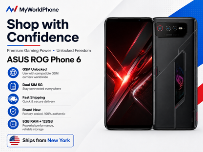 Black ASUS ROG Phone 6 unlocked gaming smartphone front and back shown