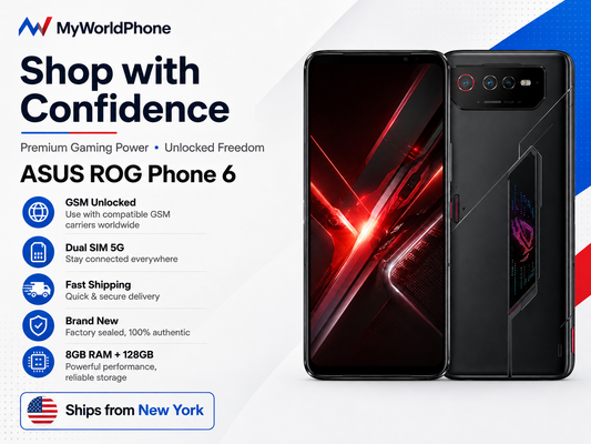 Black ASUS ROG Phone 6 unlocked gaming smartphone front and back shown