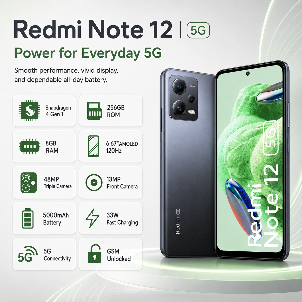 Xiaomi Redmi Note 12 5G DUAL SIM 256GB ROM 8GB RAM Global GSM Unlocked - Onyx Gray