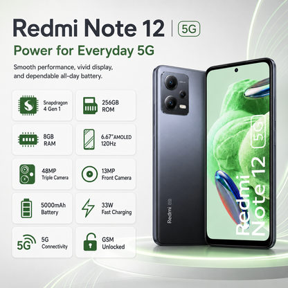 Xiaomi Redmi Note 12 5G DUAL SIM 256GB ROM 8GB RAM Global GSM Unlocked - Onyx Gray