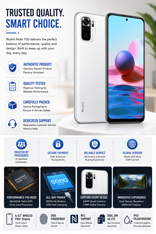 Xiaomi Redmi Note 10s 64GB 6GB RAM Dual SIM GSM Unlocked - Pebble White