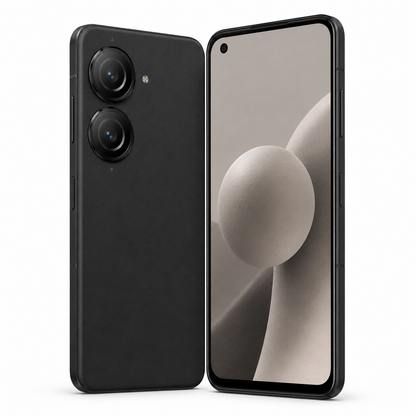 Asus Zenfone 10 AI2302 5G Black smartphone with dual rear cameras and front display showing an abstract circle.