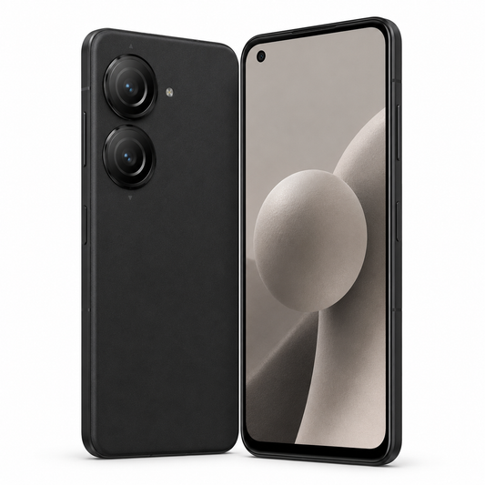 Asus Zenfone 10 AI2302 5G Black smartphone with dual rear cameras and front display showing an abstract circle.