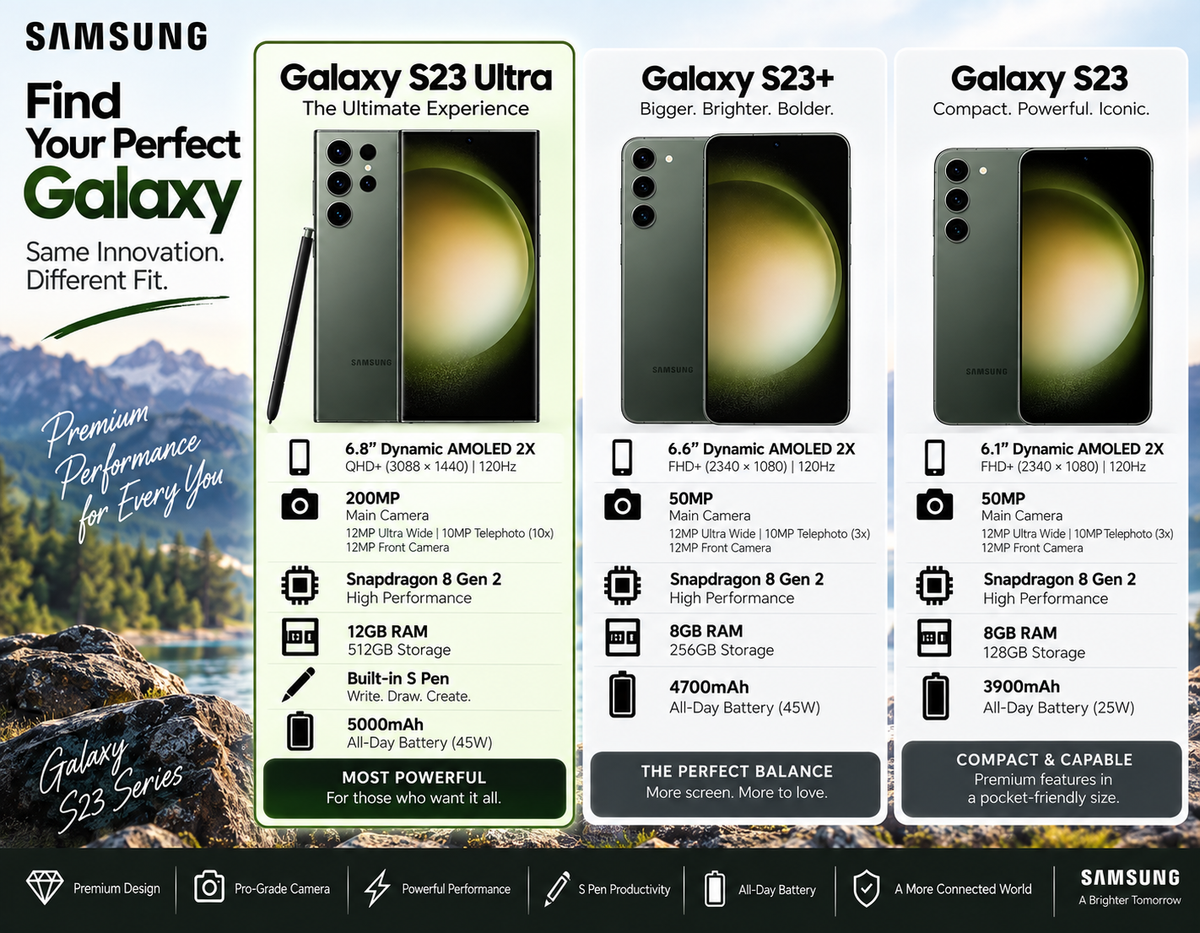 Green Samsung Galaxy S23 Ultra phone shown from front and back with camera lenses