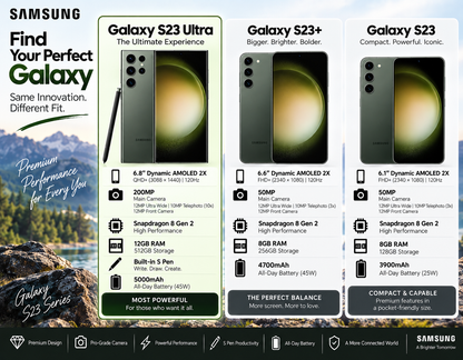 Green Samsung Galaxy S23 Ultra phone shown from front and back with camera lenses