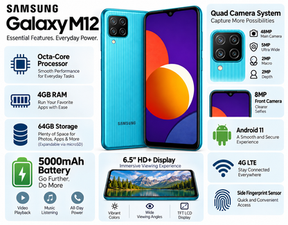Samsung Galaxy M12 Teal smartphone with purple front display and quad rear cameras