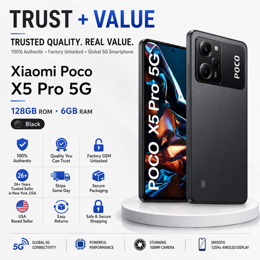 Black Poco X5 Pro smartphone with dual rear cameras, front and back views on stand.