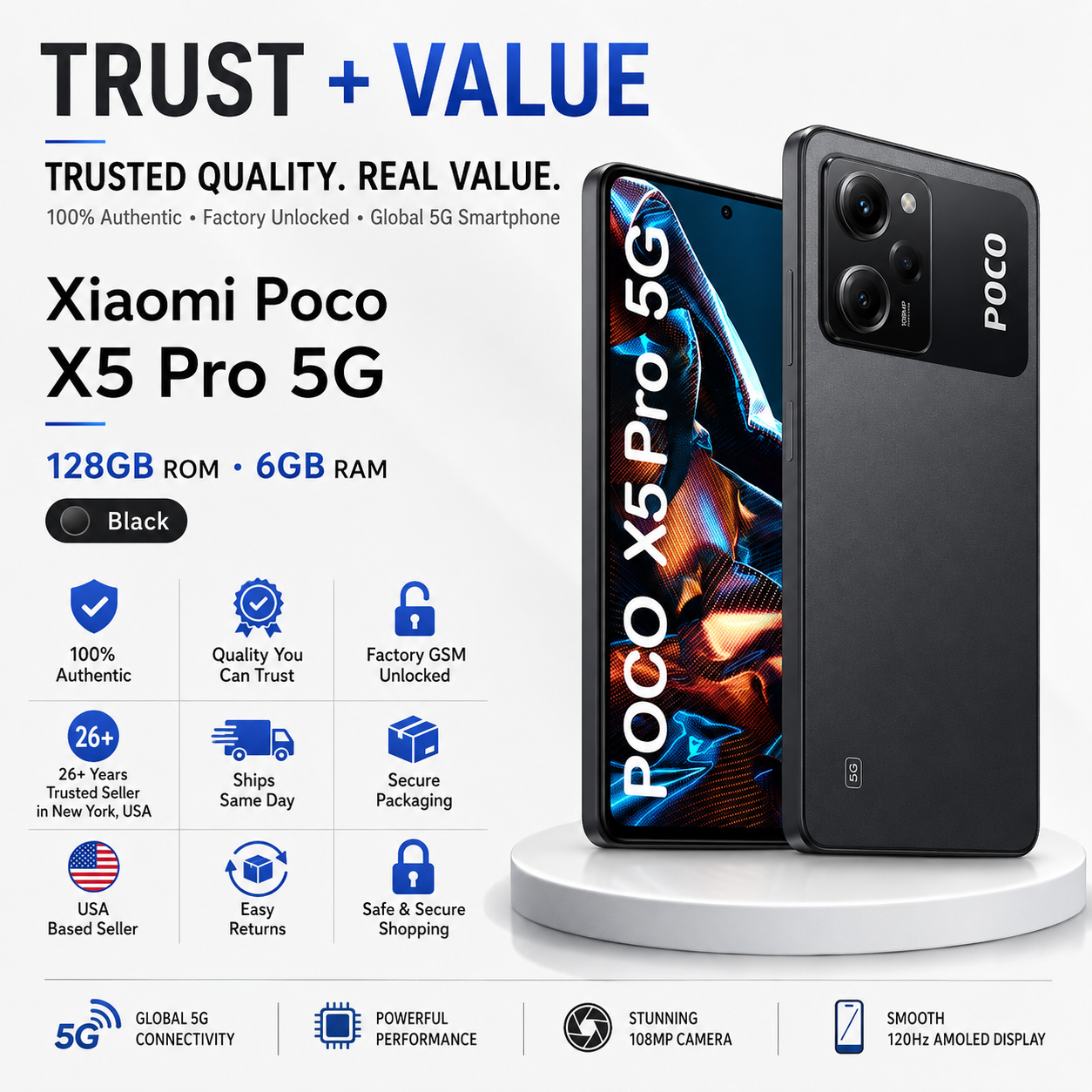 Xiaomi Poco X5 Pro 5G, Dual SIM, 128GB ROM 6GB RAM GSM Unlocked - Black