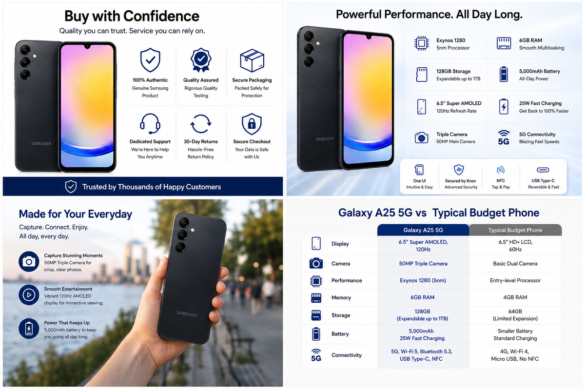 Samsung Galaxy A25 5G smartphone held in hand, showing dark back and front display