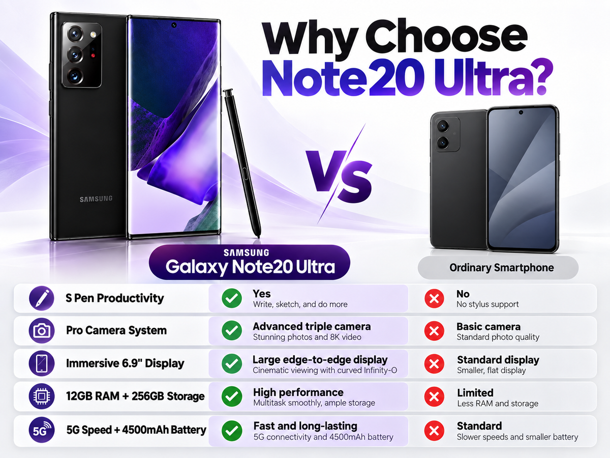 Samsung Galaxy Note20 Ultra  Mystic Black smartphone with front display and S Pen, feature comparison graphic