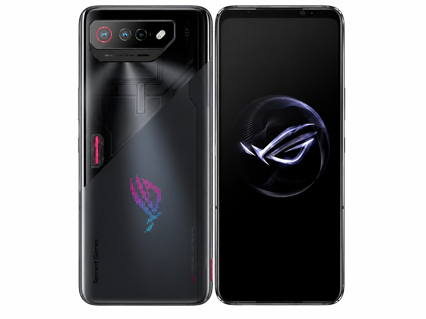Black ASUS ROG Phone 7 smartphone, front and back views with ROG logo
