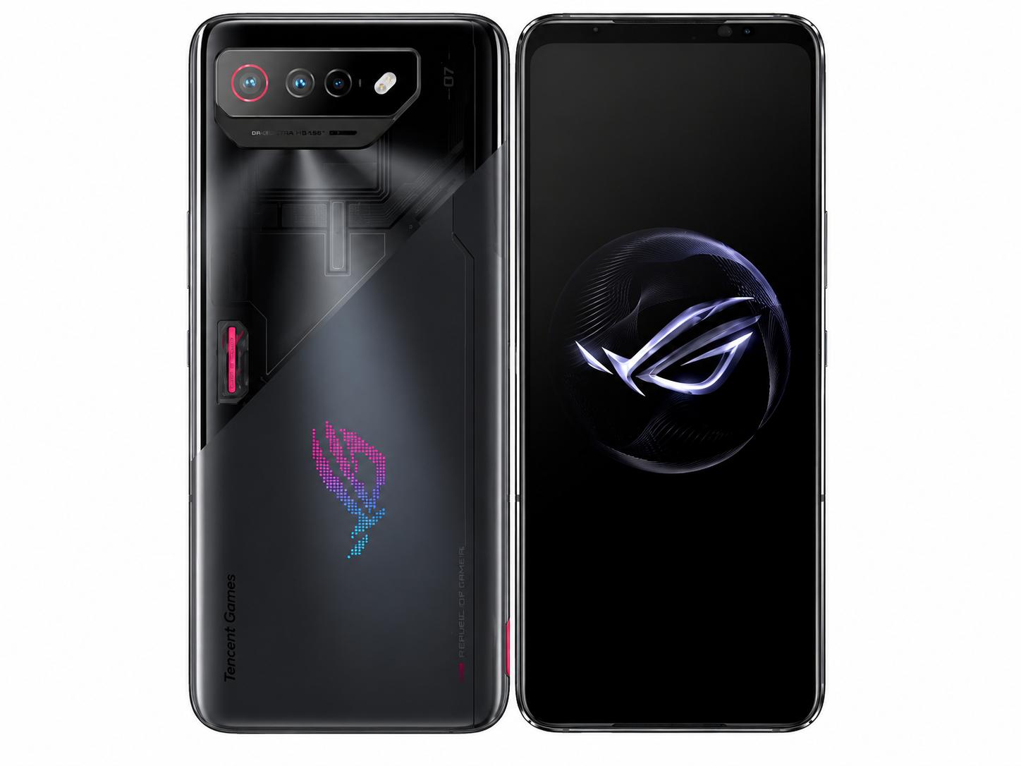 Black ASUS ROG Phone 7 smartphone, front and back views with ROG logo