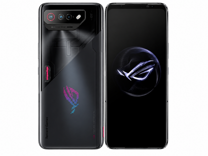 Black ASUS ROG Phone 7 smartphone, front and back views with ROG logo