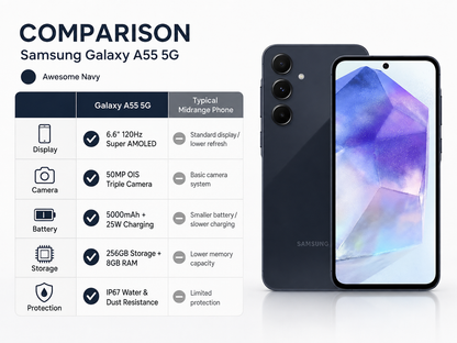 Samsung Galaxy A55 5G phone comparison with front display and Awesome Navy back panel visible