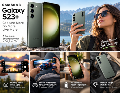 Green Samsung Galaxy S23+ smartphone in hand with front display turned on.