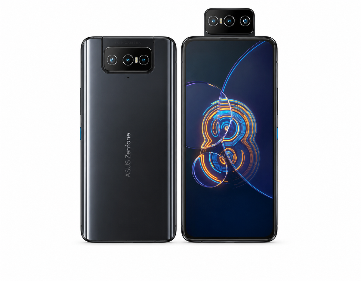 Asus Zenfone 8 Flip Black dual-screen smartphone with flip camera module, front and back view