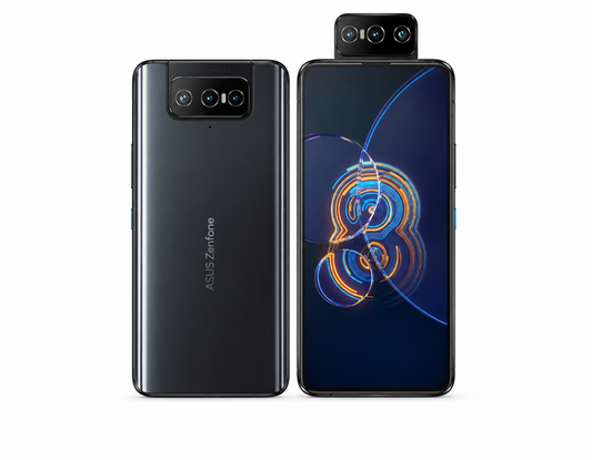 Asus Zenfone 8 Flip Black dual-screen smartphone with flip camera module, front and back view