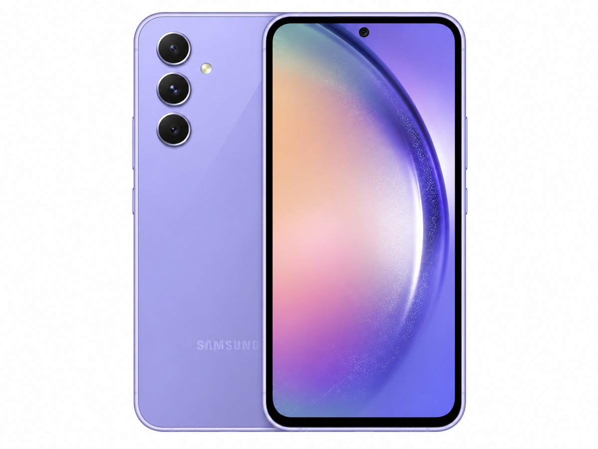 Violet Samsung Galaxy A54 5G smartphone with triple rear cameras and flat display