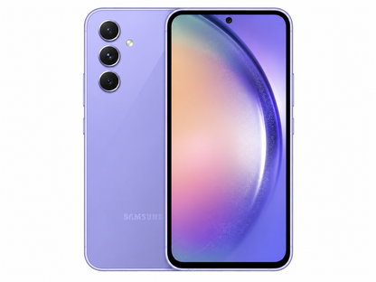 Violet Samsung Galaxy A54 5G smartphone with triple rear cameras and flat display