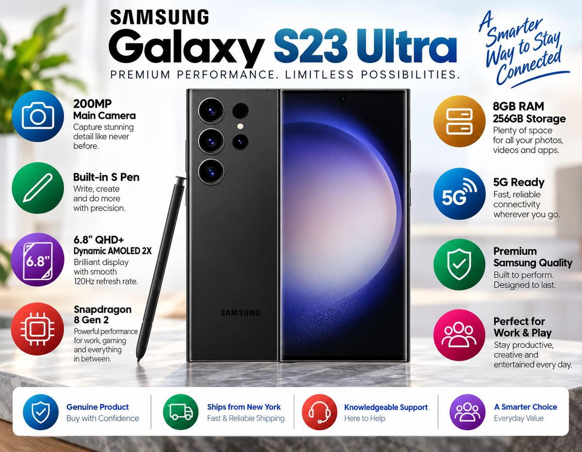 Samsung Galaxy S23 Ultra 5G Black smartphone front and back with stylus, multi-lens rear camera visible