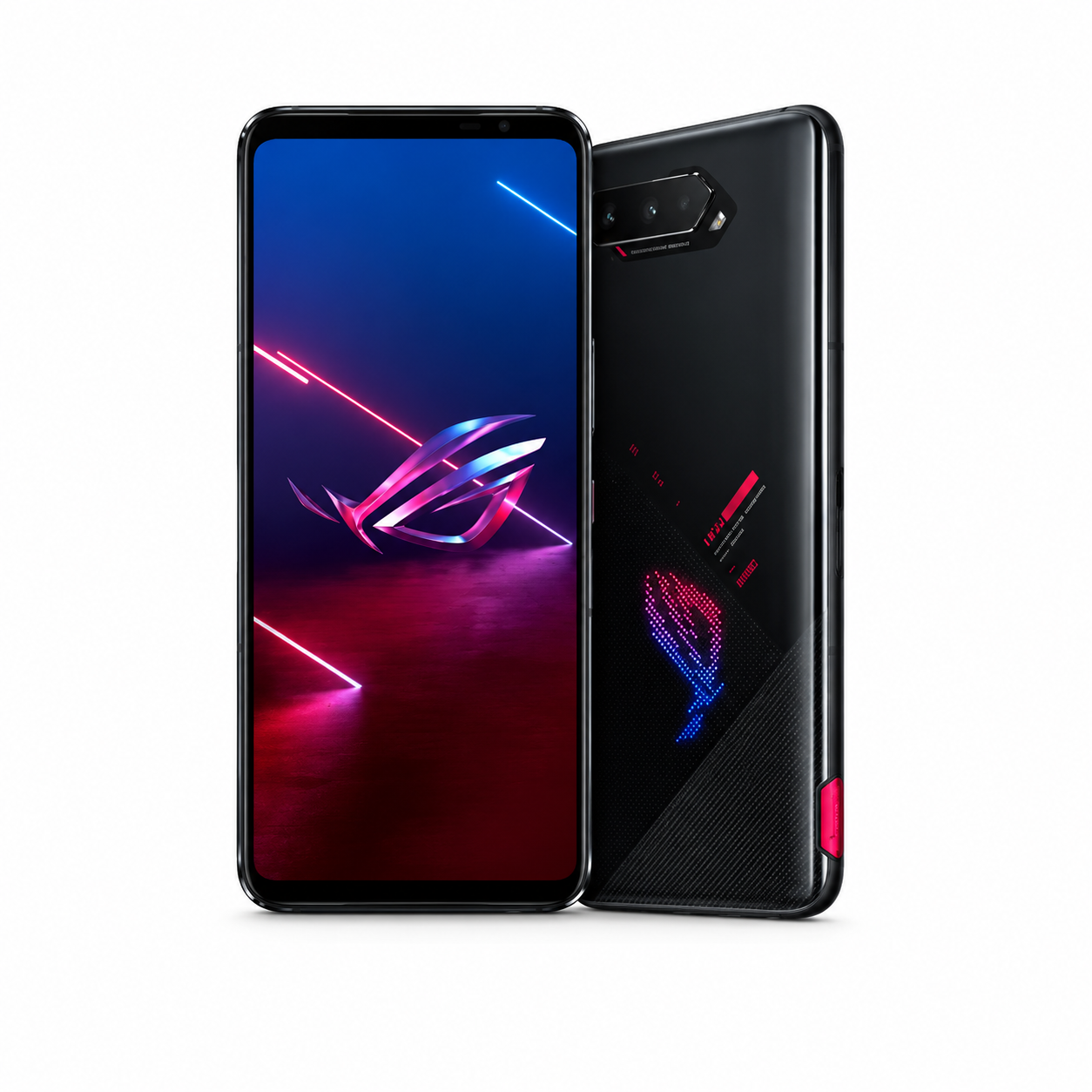 Asus ROG Phone 5s Black gaming smartphone front and back, with colorful ROG logo lights