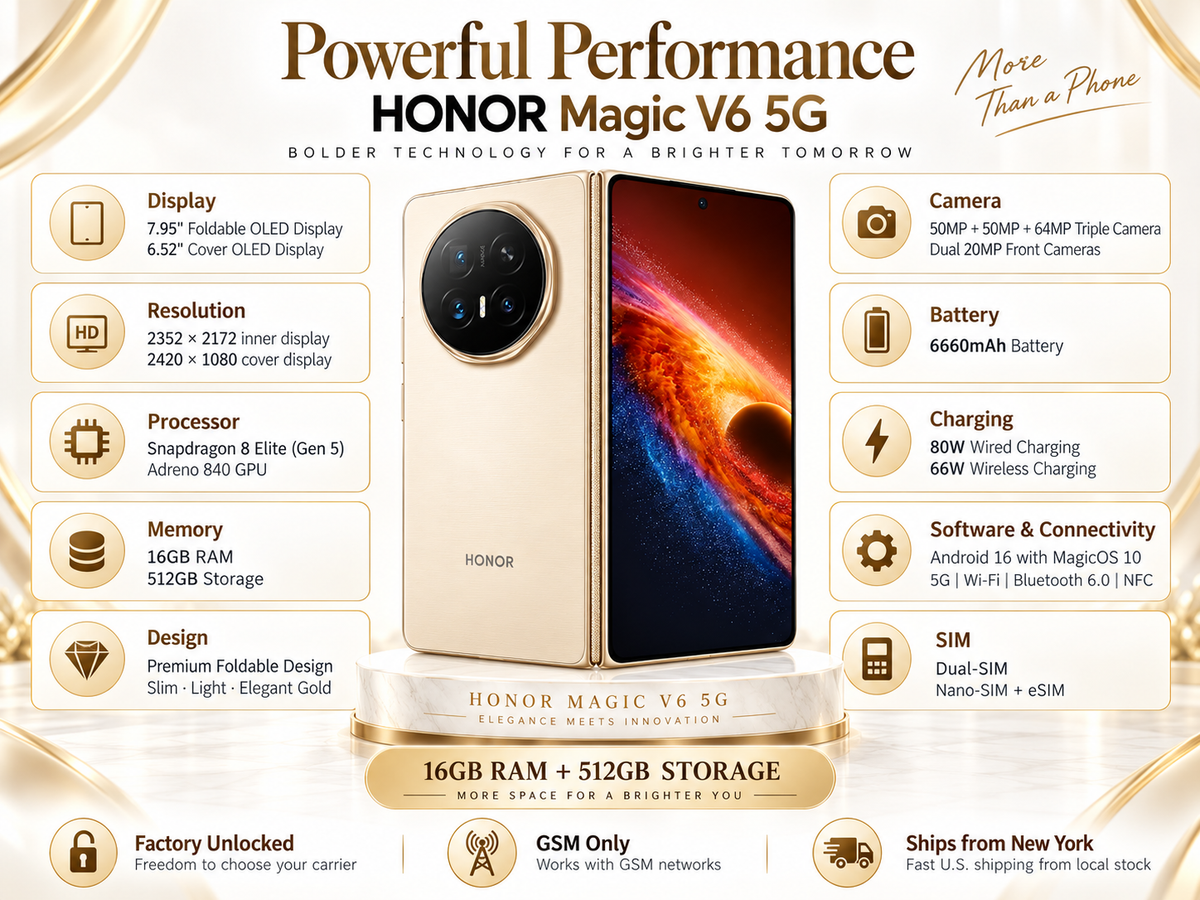 Honor Magic V6 5G Gold foldable smartphone front view with dual cameras and vertical display