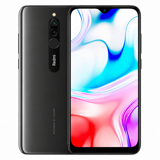 Onyx black Redmi 8 smartphone with dual rear cameras and front display