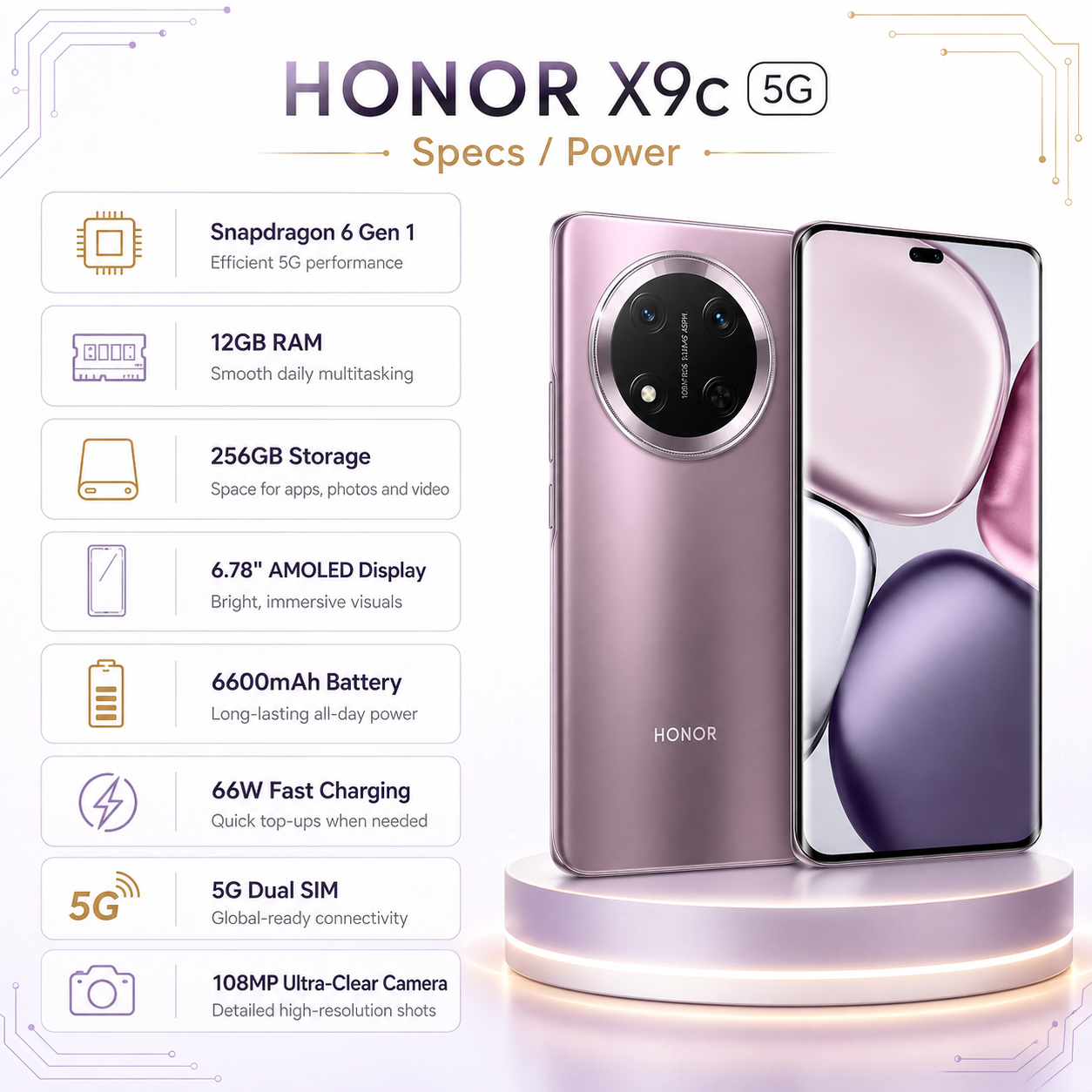 Purple smartphone on a pedestal with front screen and rear triple-lens camera
