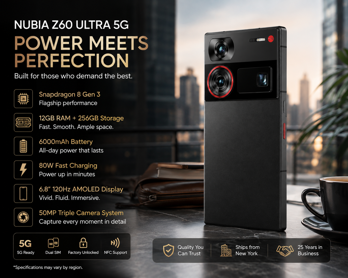 Nubia Z60 Ultra 5G  Black smartphone standing with dual rear cameras and front screen visible.