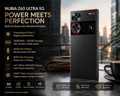Nubia Z60 Ultra 5G  Black smartphone standing with dual rear cameras and front screen visible.