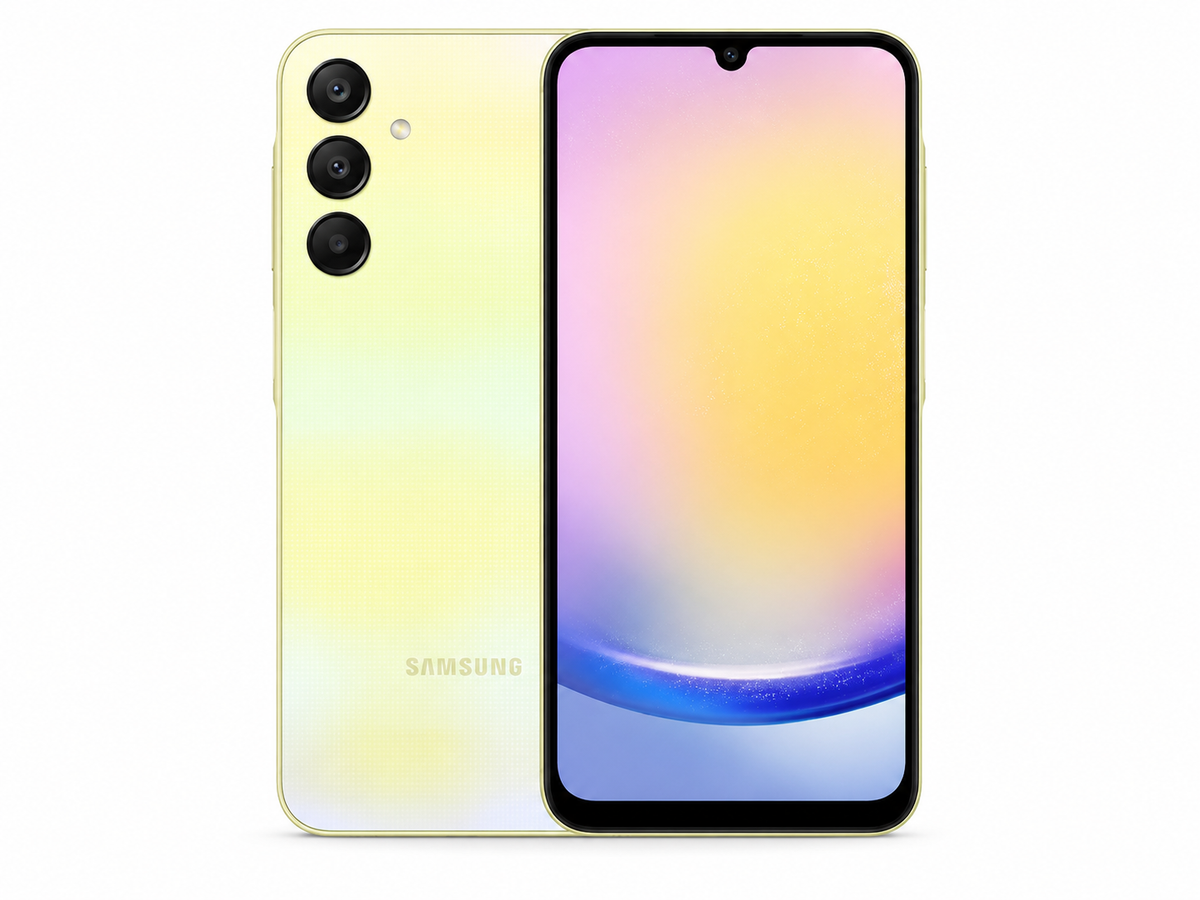 Yellow Samsung Galaxy A25 5G smartphone with front display and rear triple cameras