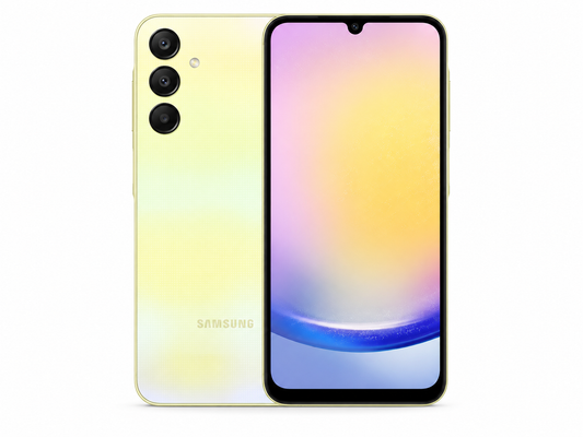 Yellow Samsung Galaxy A25 5G smartphone with front display and rear triple cameras