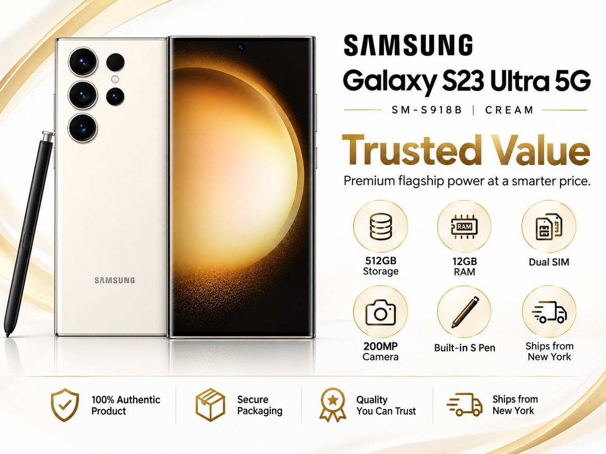 Samsung Galaxy S23 Ultra 5G phone in cream, front and back with S Pen
