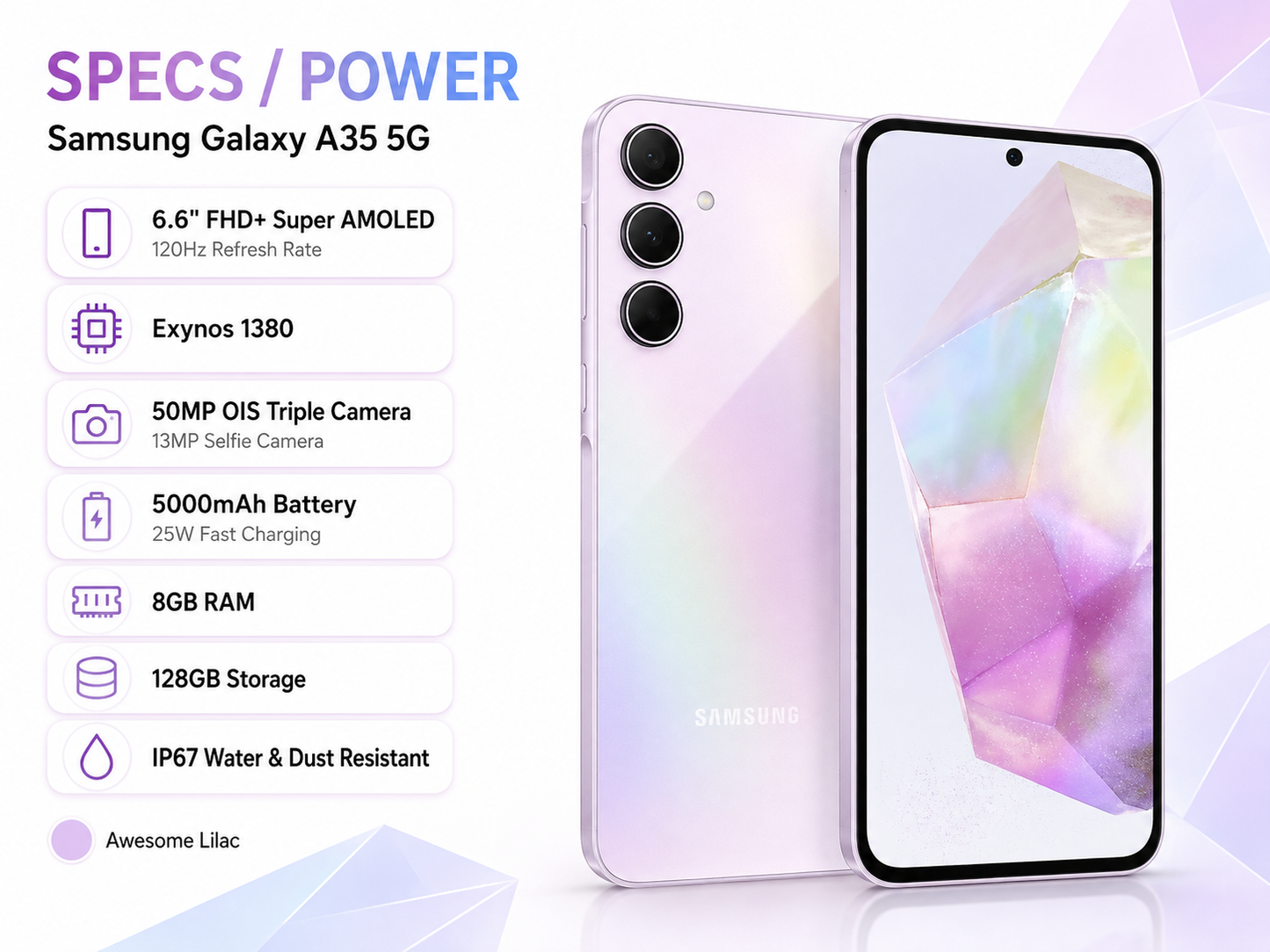 Lilac Samsung Galaxy A35 5G smartphone with triple rear camera cluster visible.